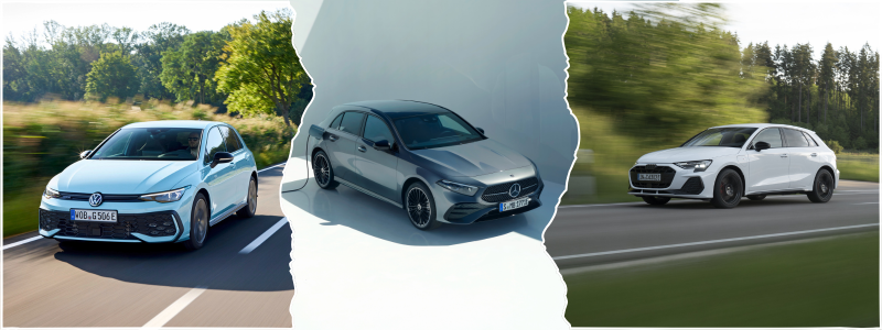 Top 3 híbridos enchufables 2025: Volkswagen Golf, Audi A3 e-hybrid y Mercedes Clase A 250 e frente a frente